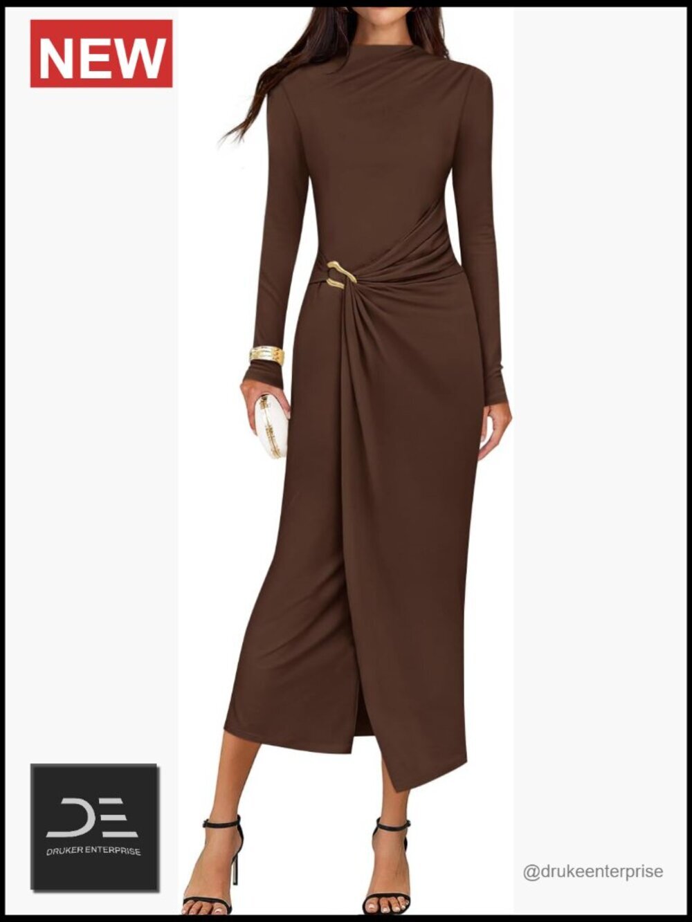 Long Sleeve Mock Neck Bodycon Midi Dress Cocktail Party Wedding Guest - Picture 1 of 7
